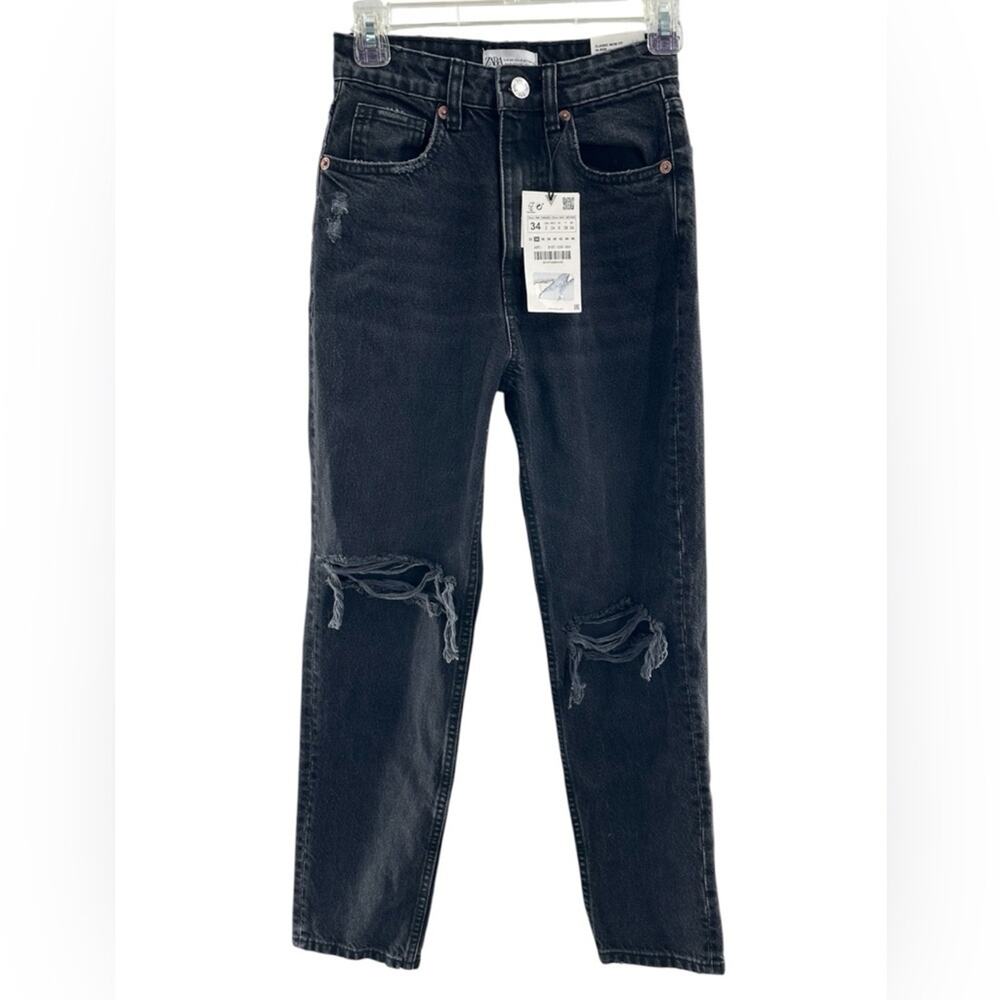 Zara Classic Mom Fit High Rise Distressed Black Jeans Size 2